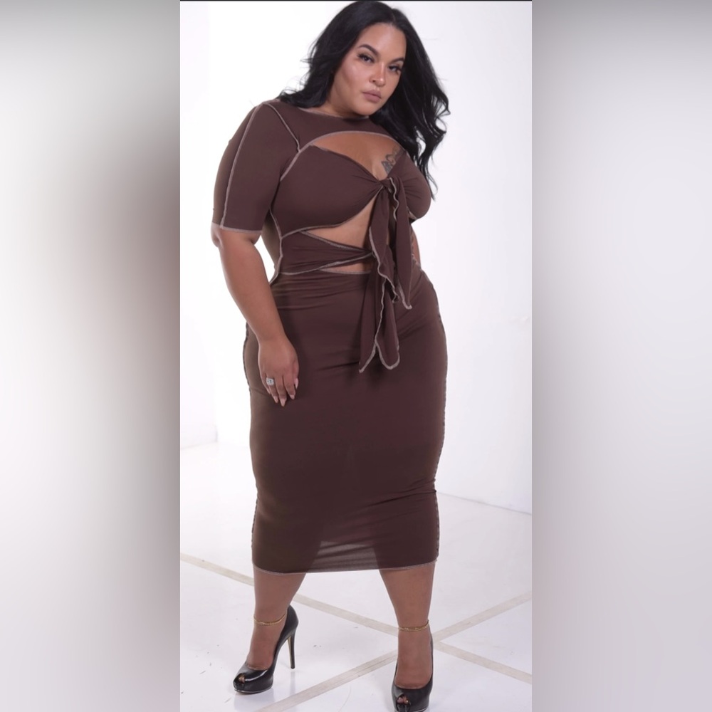 Coffee Cut-Out Tie Front Midi Dress